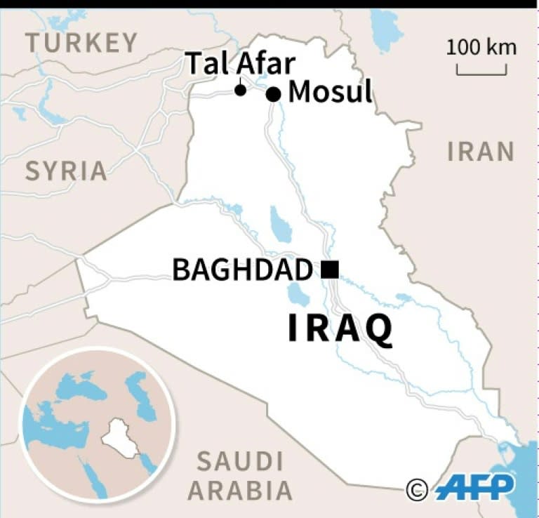 Map of Iraq locating Tal Afar, with roads linking the strategic town to Mosul and Syria