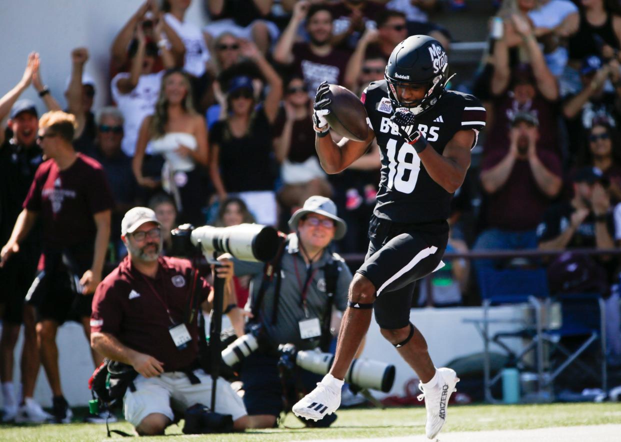 Missouri State's Terique Owens (18) scores a touchdown during a game against the Utah Tech Trailblazers at Plaster Field on Saturday, Sept. 23, 2023.