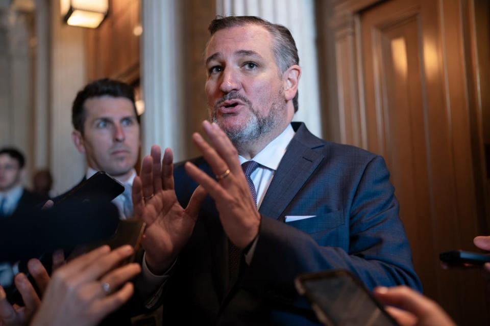 Sen. Ted Cruz, R-Texas, defends former President Donald Trump while telling reporters President Joe Biden should be indicted, at the Capitol in Washington, Tuesday, June 13, 2023.