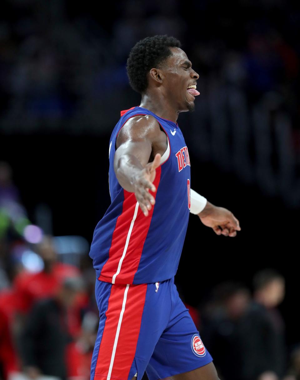 Detroit Pistons center Jalen Duren (0) reacts after scoring against the Chicago Bulls during fourth-quarter action at Little Caesars Arena in Detroit on Saturday, Oct. 28, 2023.