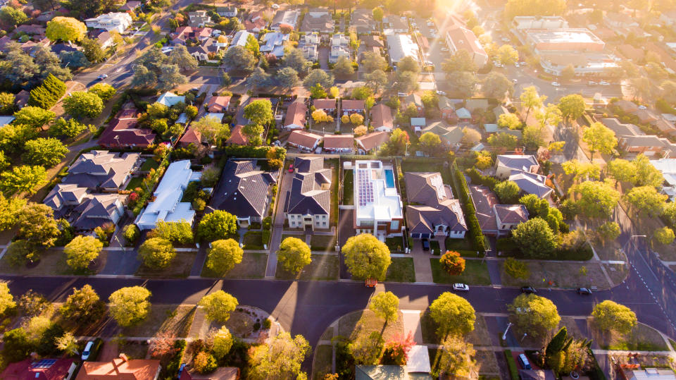Aerial view of a typical leafy Australian suburb.