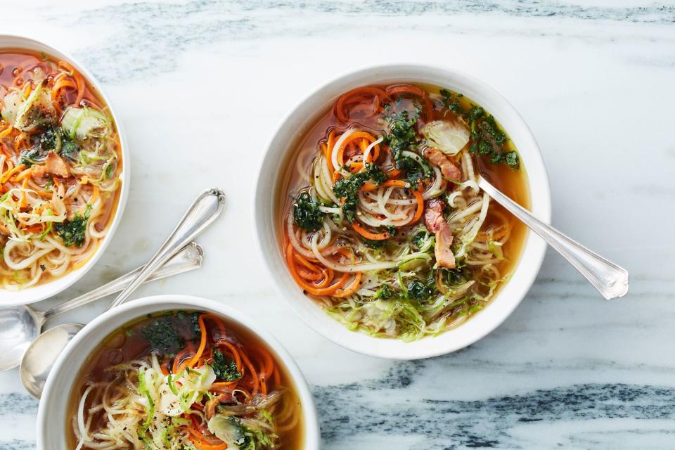 Root Vegetable Zoodle Soup with Bacon and Basil Oil