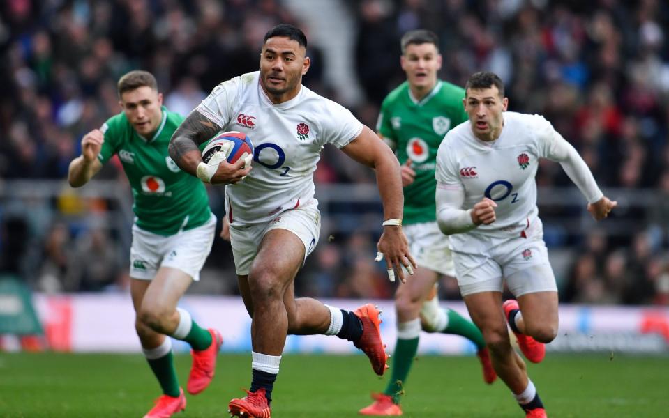 England's Manu Tuilagi in action during the 2020 Guinness Six Nations match between England and Ireland at Twickenham Stadium - GETTY IMAGES