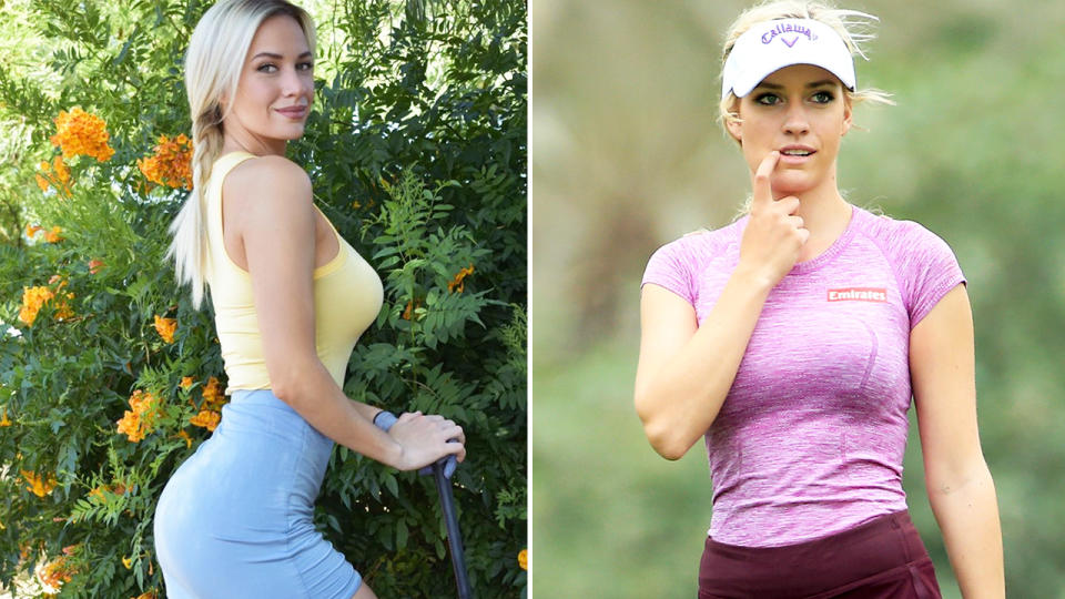 Paige Spiranac, pictured here on Instagram and on the golf course.