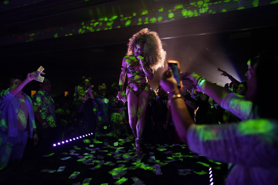 Sasha Colby performs during the Mahu Magic drag show at the Western Regional Native Hawaiian Convention, Tuesday, June 20, 2023, in Las Vegas. (AP Photo/John Locher)