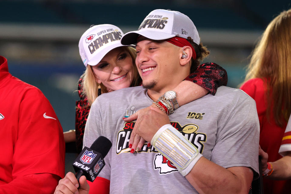 MIAMI, FLORIDA - FEBRUARY 02: Patrick Mahomes #15 of the Kansas City Chiefs talks after defeating San Francisco 49ers by 31 - 20 in Super Bowl LIV at Hard Rock Stadium on February 02, 2020 in Miami, Florida. (Photo by Tom Pennington/Getty Images)