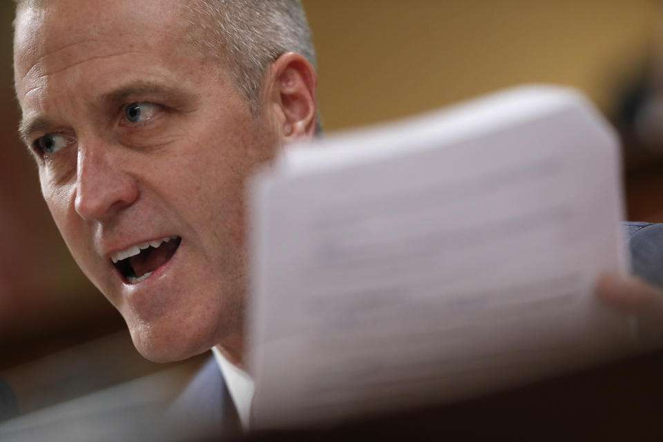 Rep. Sean Patrick Maloney, D-N.Y., questions U.S. Ambassador to the European Union Gordon Sondland as he testifies before the House Intelligence Committee on Capitol Hill in Washington, Wednesday, Nov. 20, 2019, during a public impeachment hearing of President Donald Trump's efforts to tie U.S. aid for Ukraine to investigations of his political opponents. (AP Photo/Andrew Harnik)