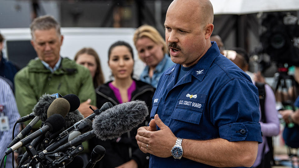 US Coast Guard Captain Jamie Frederick speaks during a press conference about the search efforts for the submersible that went missing near the wreck of the Titanic, at Coast Guard Base in Boston, Massachusetts, on June 20, 2023. The Titan submersible with five people on board has "about 40 hours of breathable air" left, Frederick said Tuesday. (Photo by Joseph Prezioso / AFP) (Photo by JOSEPH PREZIOSO/AFP via Getty Images)