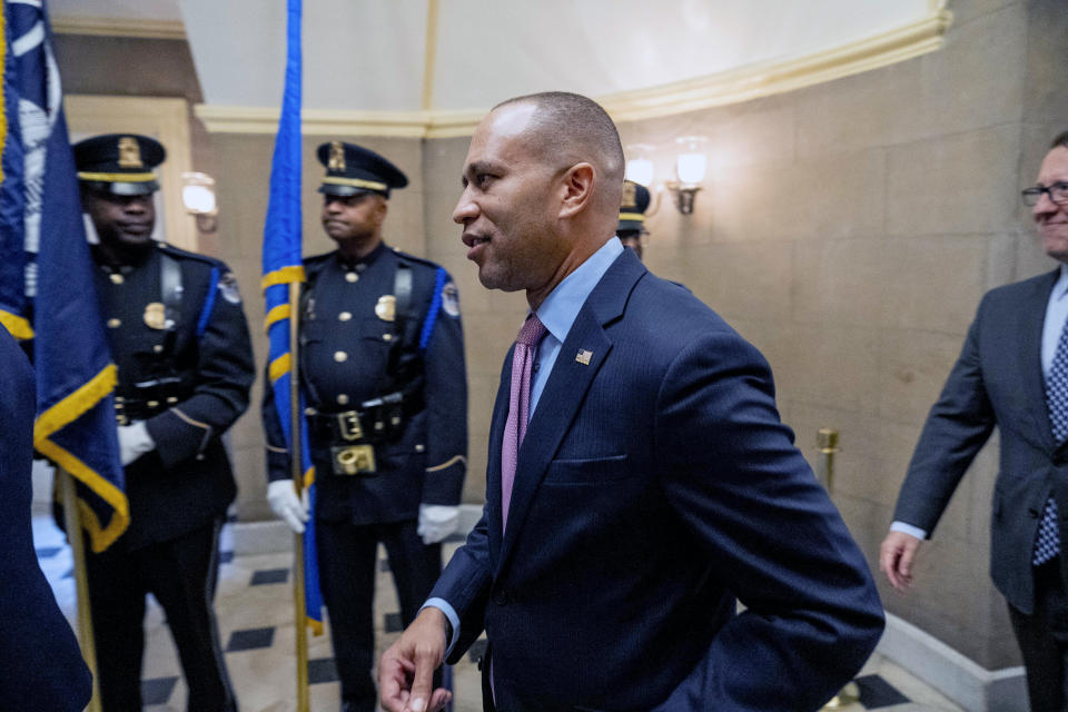 House Minority Leader Hakeem Jeffries of N.Y., arrives for an unveiling ceremony for the Congressional statue of Willa Cather, in Statuary Hall on Capitol Hill in Washington, Wednesday, June 7, 2023. Willa Cather was one of the country's most beloved authors, writing about the Great Plains and the spirit of America. (AP Photo/Andrew Harnik)