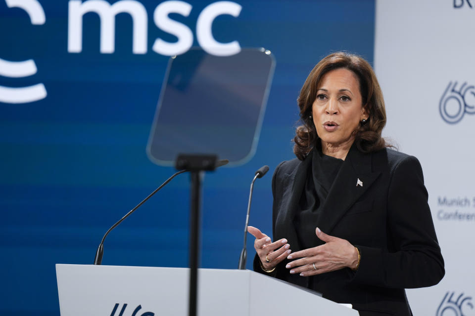 United States Vice-President Kamala Harris addresses the audience during the Munich Security Conference at the Bayerischer Hof Hotel in Munich, Germany, Friday, Feb. 16, 2024. The 60th Munich Security Conference (MSC) is taking place from Feb. 16 to Feb. 18, 2024. (AP Photo/Matthias Schrader)