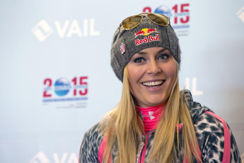 FILE - In this Nov. 8, 2013 file photo, Lindsey Vonn speaks at a news conference at Gold Peak, Vail, Colo. Vonn is going to skip the Sochi Olympics because of a right knee injury. Her personal publicist, Lewis Kay, says in a statement Tuesday, Jan. 7, 2014, that Vonn "will have surgery shortly." The 29-year-old American won two medals at the 2010 Vancouver Olympics, including a gold in the downhill. She is also a four-time overall World Cup champion and the biggest name in Alpine skiing. (AP Photo/Nathan Bilow)