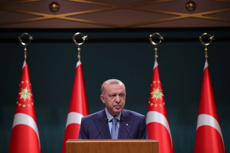 Turkish President Tayyip Erdogan addresses the media after a cabinet meeting in Ankara