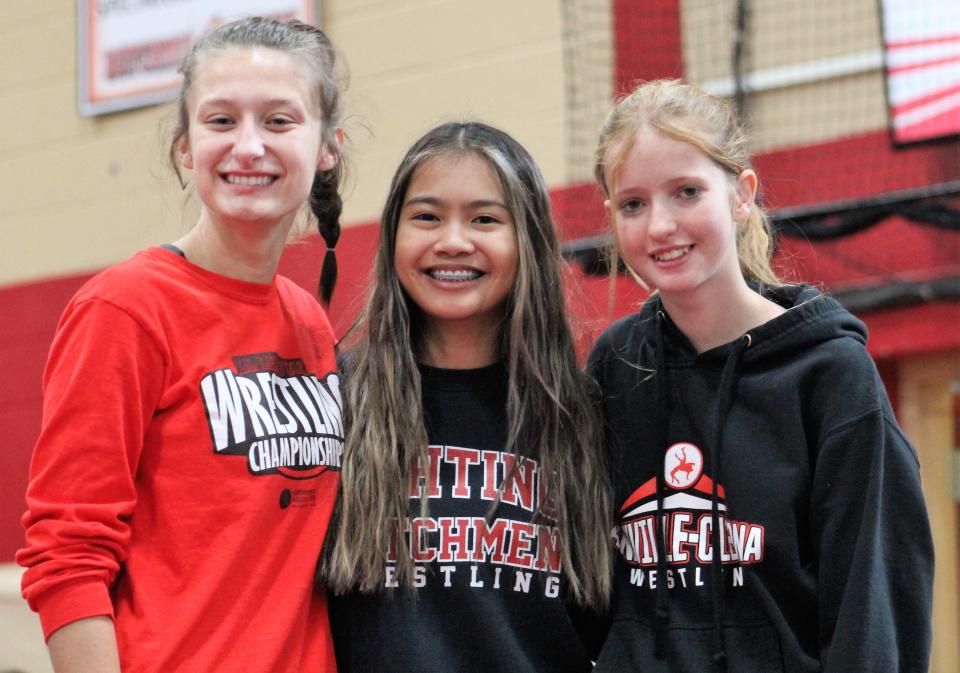 Annville-Cleona was the seventh school in the state to start a girls' varsity wrestling team back in September 2020. Pictured are Dutchmen wrestlers, from left, Anna Kreider, Alena Merjudio, Lois Carey