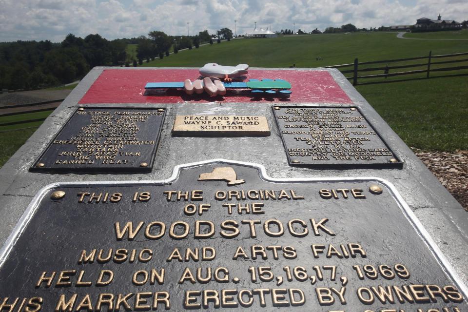 A plaque marks the original site of the Woodstock music festival, seen Aug. 14, 2009 in Bethel, N.Y. | Mario Tama—Getty Images