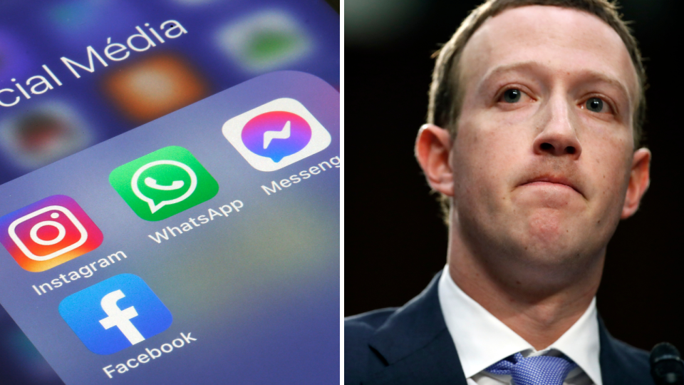 Social media apps as they appear on a phone screen owned by Facebook: Instagram, WhatsApp, Messenger and Facebook. Facebook CEO Mark Zuckerberg.