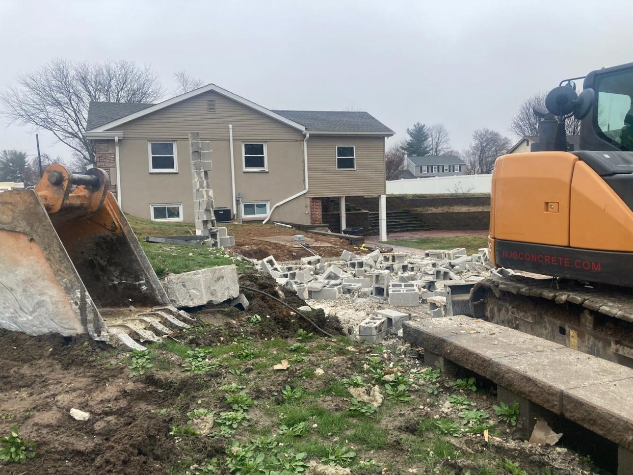 The remains of the cinder block garage constructed on a private residence owned by Curtis G. Smith. It was built without permits or variances, township officials said, and Smith ignored township orders to remove it. When he wouldn't comply, Middletown took it down.