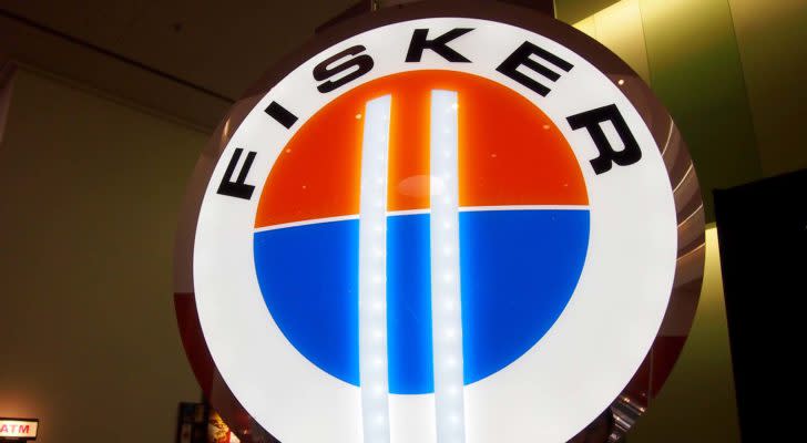 The Fisker (FSR) logo hangs on display at the November 2011 International Auto Show.