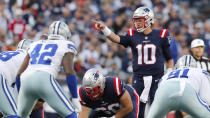 New England Patriots quarterback Mac Jones (10) on the line of scrimmage during the first half of an NFL football game against the Dallas Cowboys, Sunday, Oct. 17, 2021, in Foxborough, Mass. (AP Photo/Michael Dwyer)