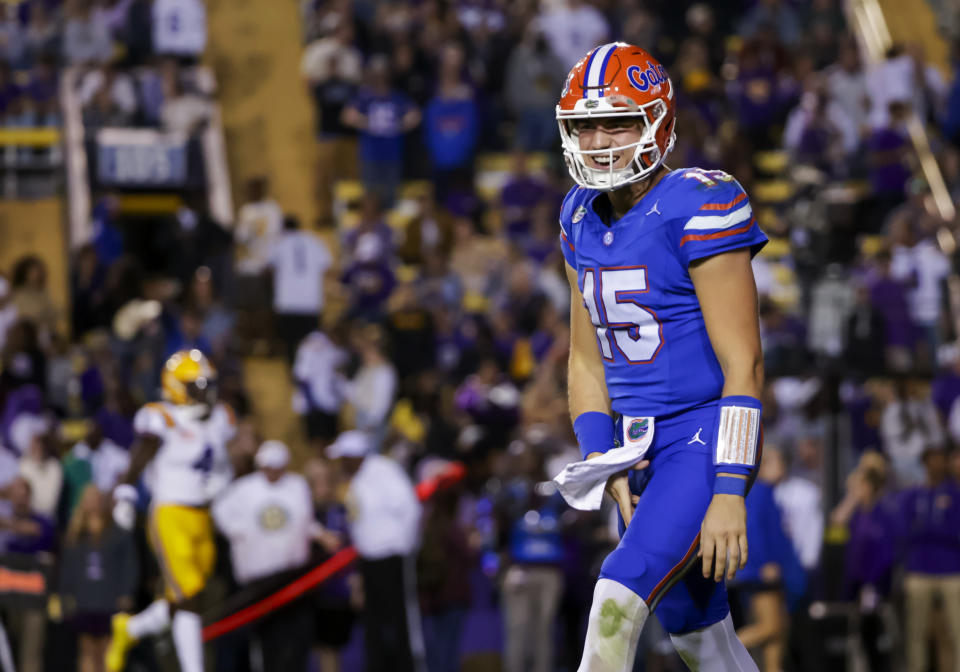 Florida quarterback Graham Mertz smiles after a touchdown against LSU during the second half of an NCAA college football game in Baton Rouge, La., Saturday, Nov. 11, 2023. (AP Photo/Derick Hingle)