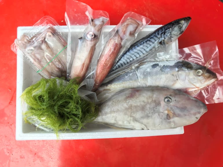 限量海鮮禮盒(內容物包含剝皮魚、紅甘魚、鯖魚、透抽、小卷及海菜)，數量有限，兌完為止。   圖：新北市漁業處提供