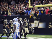<p>New Orleans Saints defensive end Cameron Jordan (94) celebrates his touchdown after interception in the end zone in the second half of an NFL football game against the Detroit Lions in New Orleans, Sunday, Oct. 15, 2017. (AP Photo/Bill Feig) </p>