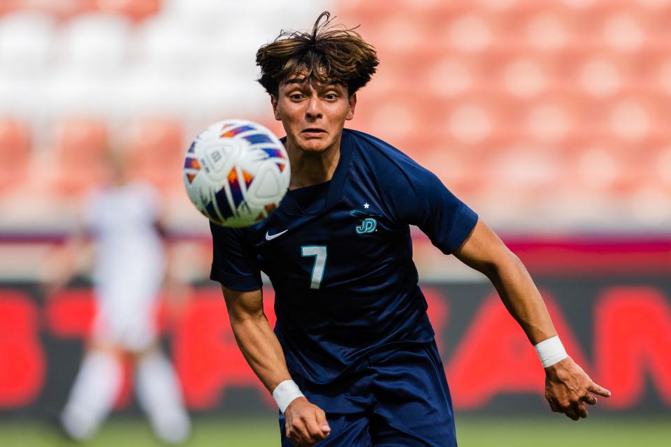 Juan Diego Catholic’s Jacob Alvarez (7) chases down the ball during the 3A boys soccer championship game at America First Field in Sandy on May 12, 2023. | Ryan Sun, Deseret News