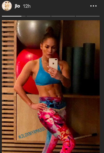 For good measure, J.Lo shared a second shot from her workout session. You can see her face on the upper leg of the pants, which are from her collab with Niyama Sol. (Image: Jennifer Lopez via Instagram)