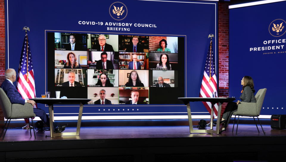 U.S. President-elect Joe Biden and Vice President-elect Kamala Harris hold a virtual meeting with members of their COVID-19 advisory board in Wilmington, Delaware, on Monday. (Jonathan Ernst/Reuters)