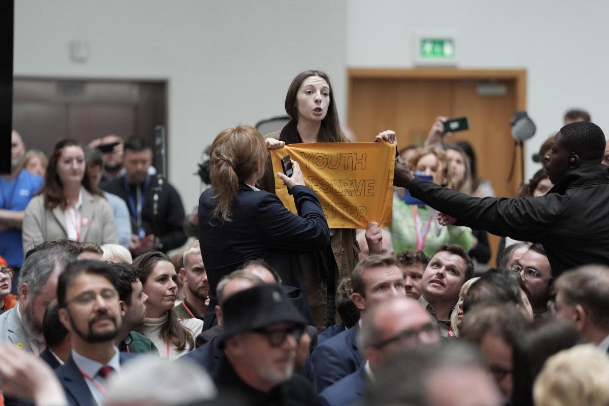 A protester interrupts Keir Starmer's speech at the launch of the Labour manifesto <i>(Image: PA)</i>