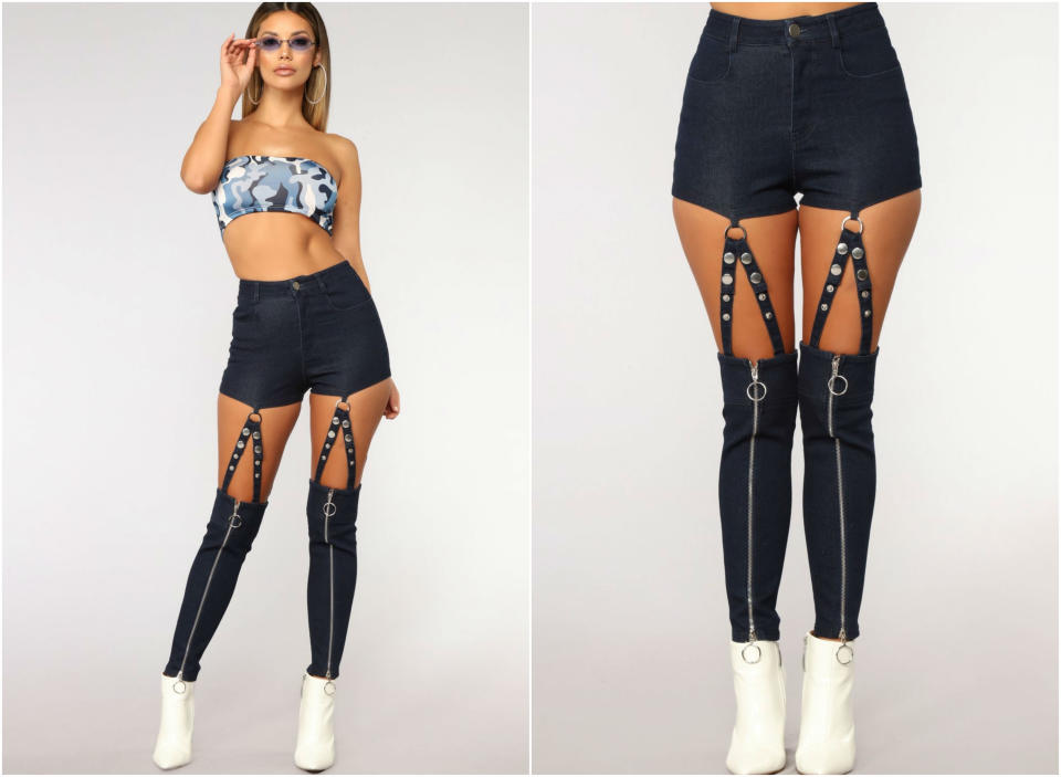 <p>Schon mal von einer Jeans mit integrierten Strapsen geträumt? Nein? Nun, hier ist sie trotzdem – Fashion Nova sei Dank. Die High-Waist-Jeansshorts werden mittels mit Nieten verzierten Denim-Strapsen am Rest der Hose befestigt. Wem sofort zahllose Anlässe einfallen, zu denen man dieses Traumteil tragen kann, kann sie für 55 Dollar online bestellen. (Foto: Fashion Nova) </p>