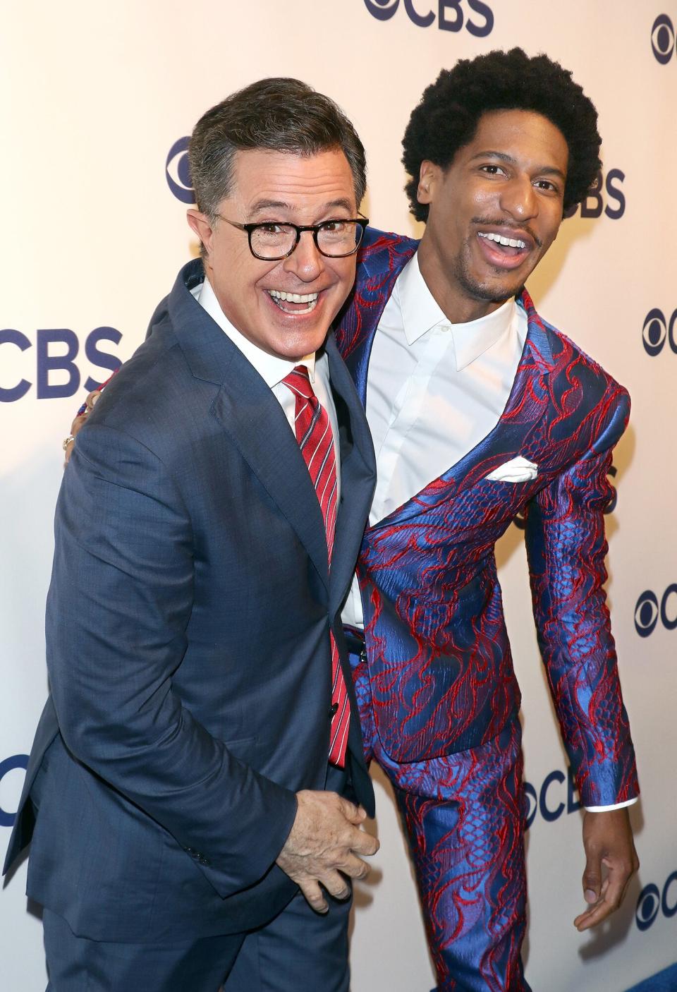 TV host Stephen Colbert (L) and musician Jon Batiste attend the 2018 CBS Upfront at The Plaza Hotel on May 16, 2018 in New York City.