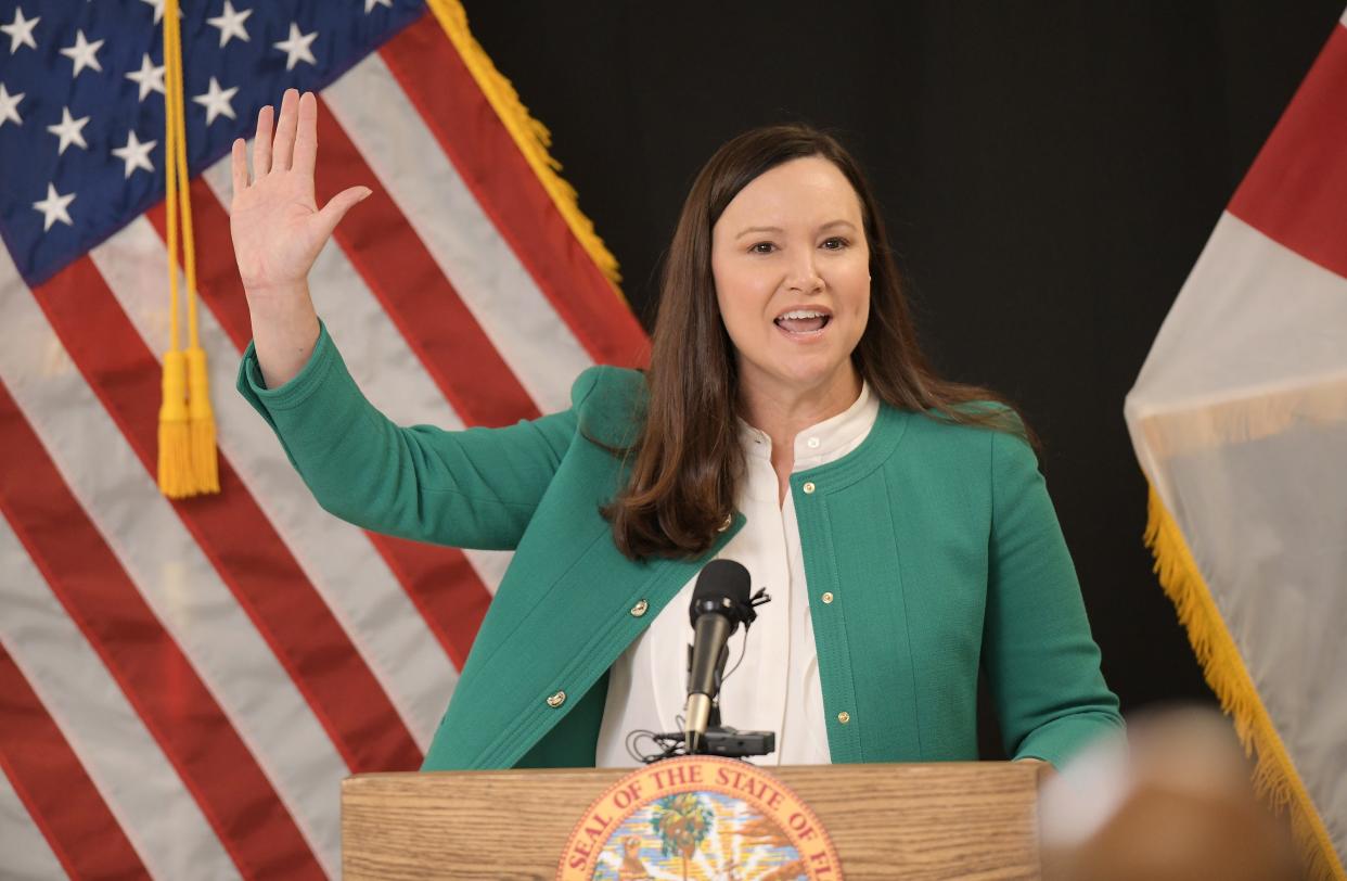 Attorney General Ashley Moody expresses her support for Florida House Bill 3 banning minors from social media platforms during a bill signing press conference in Jacksonville last month.