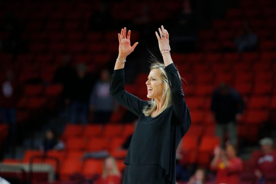 Oklahoma women's basketball coach Jenni Baranczyk reacts to a play during the Jan. 5 game against Iowa State at Lloyd Noble Center.
