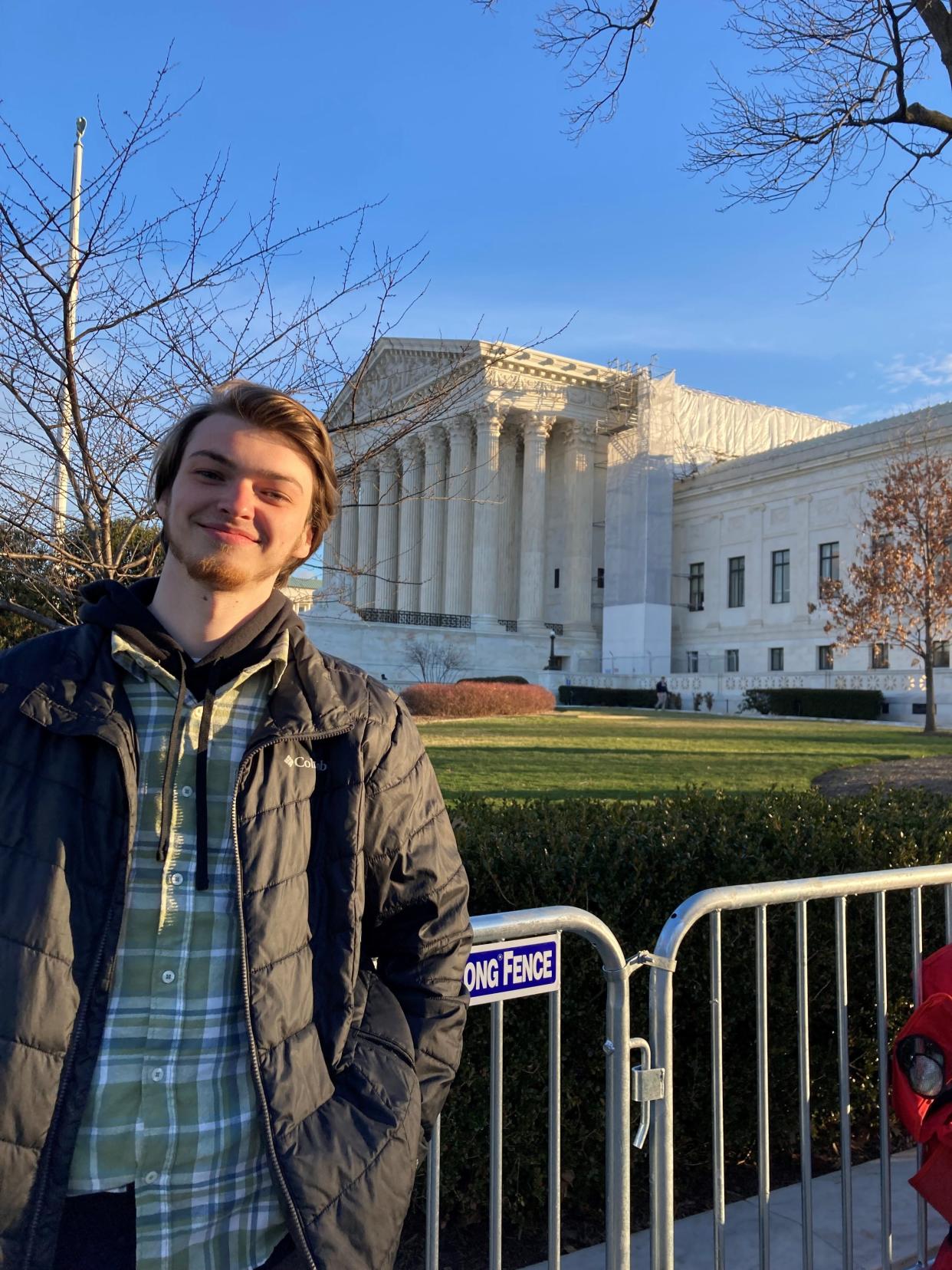 Landon Eckard, 22, a law student at Elon University Law School in Greensboro, N.C., was one of the first people in line to attend on Feb. 8, 2024, the Supreme Court's oral arguments on whether former President Donald Trump is disqualified for the presidency.