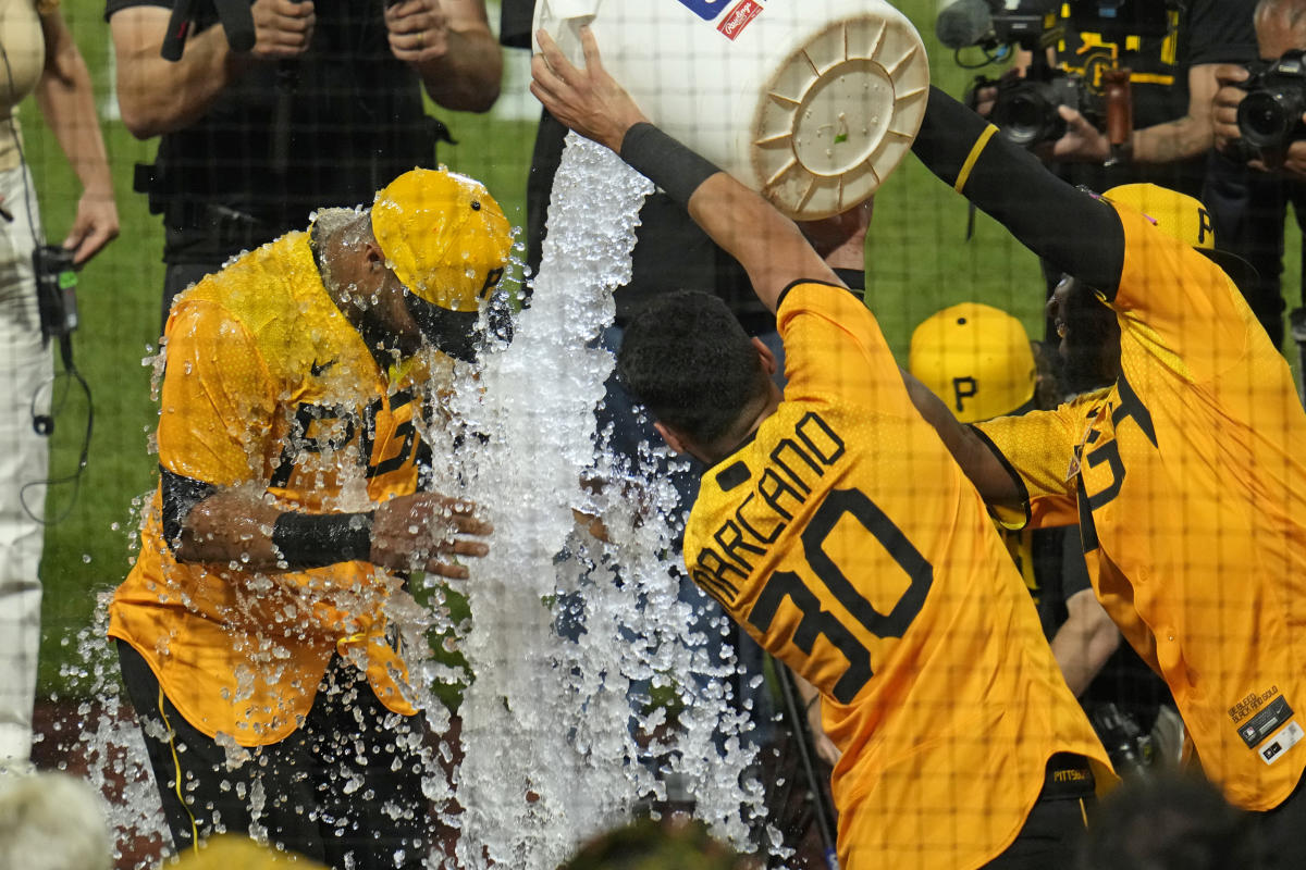 Pittsburgh, United States. 28th Apr, 2022. Milwaukee Brewers left fielder  Andrew McCutchen (24) celebrates his solo home run in the first inning  against the Pittsburgh Pirates at PNC Park on Thursday April