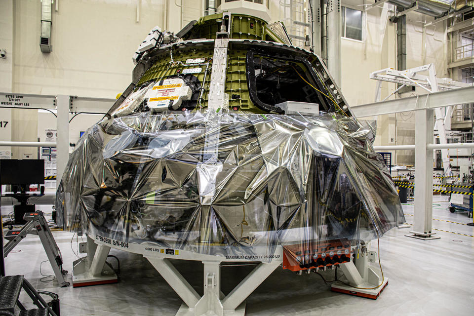 The Artemis 3 Orion capsule under construction at the Kennedy Space Center. The Artemis 3 mission in the late 2025-2026 timeframe, will carry the next man and the first woman to walk on the moon. / Credit: William Harwood/CBS News