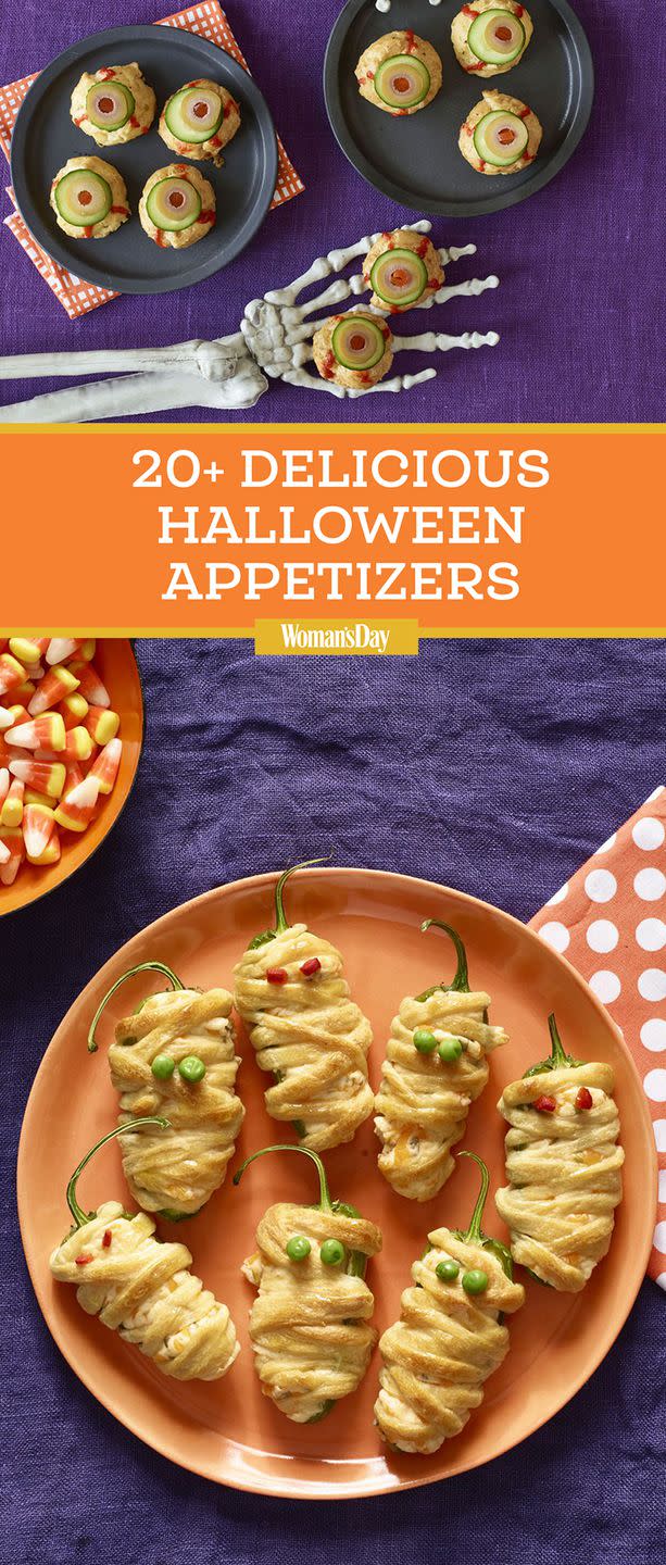 <p>Save these Halloween appetizers for later by pinning this image, and follow <em>Woman's Day </em>on <a href="https://www.pinterest.com/womansday/" rel="nofollow noopener" target="_blank" data-ylk="slk:Pinterest;elm:context_link;itc:0;sec:content-canvas" class="link ">Pinterest</a> for more holiday inspiration. </p>