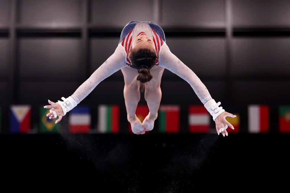 <p>TOKYO, JAPAN - JULY 29: Sunisa Lee of Team United States competes on uneven bars during the Women's All-Around Final on day six of the Tokyo 2020 Olympic Games at Ariake Gymnastics Centre on July 29, 2021 in Tokyo, Japan. (Photo by Jamie Squire/Getty Images)</p> 