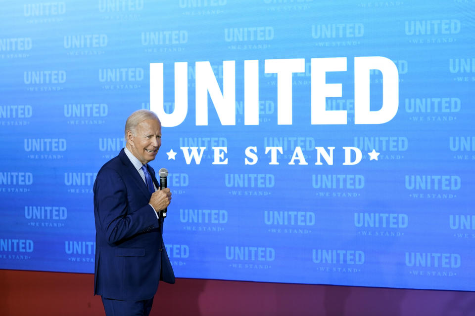 President Joe Biden speaks during the United We Stand Summit in the East Room of the White House in Washington, Thursday, Sept. 15, 2022. The summit is aimed at combating a spate of hate-fueled violence in the U.S., as he works to deliver on his campaign pledge to "heal the soul of the nation." (AP Photo/Susan Walsh)