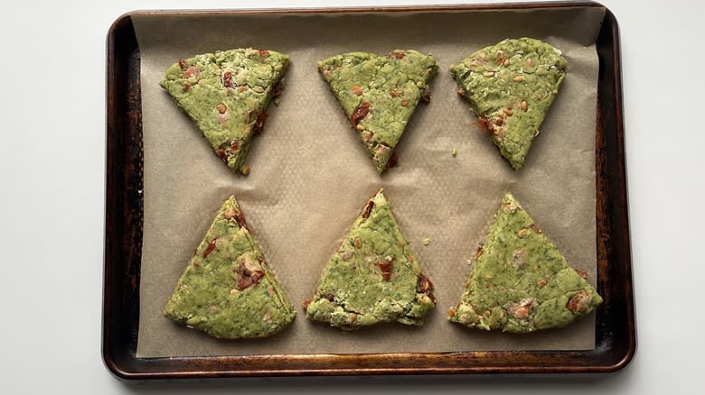 triangular green scones in a pot