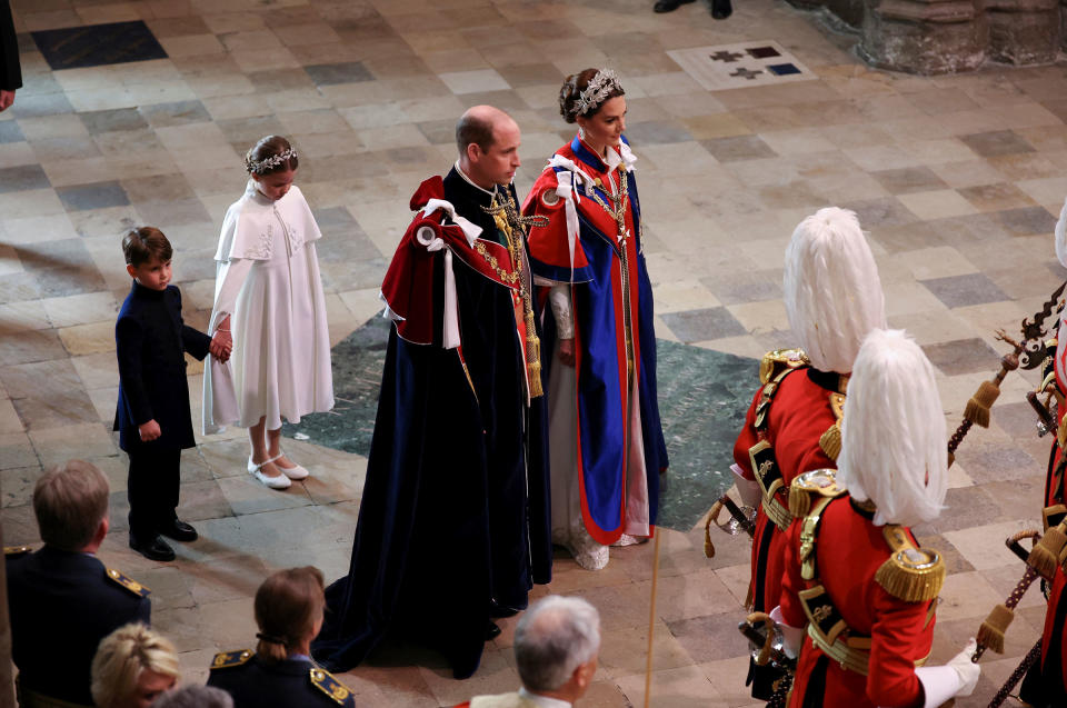 Prince George, Princess Charlotte, and the Prince and Princess of Wales arriving at the coronation of King Charles III<span class="copyright">Phil Noble—PA Wire/AP</span>