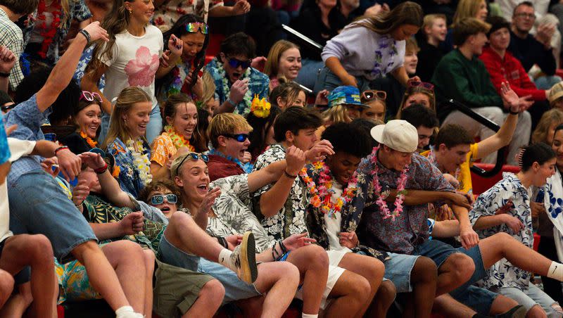 Alta’s student section reacts to a 3-pointer during the boys high school basketball game between Brighton and Alta at Alta High in Sandy on Friday, Jan. 19, 2024.