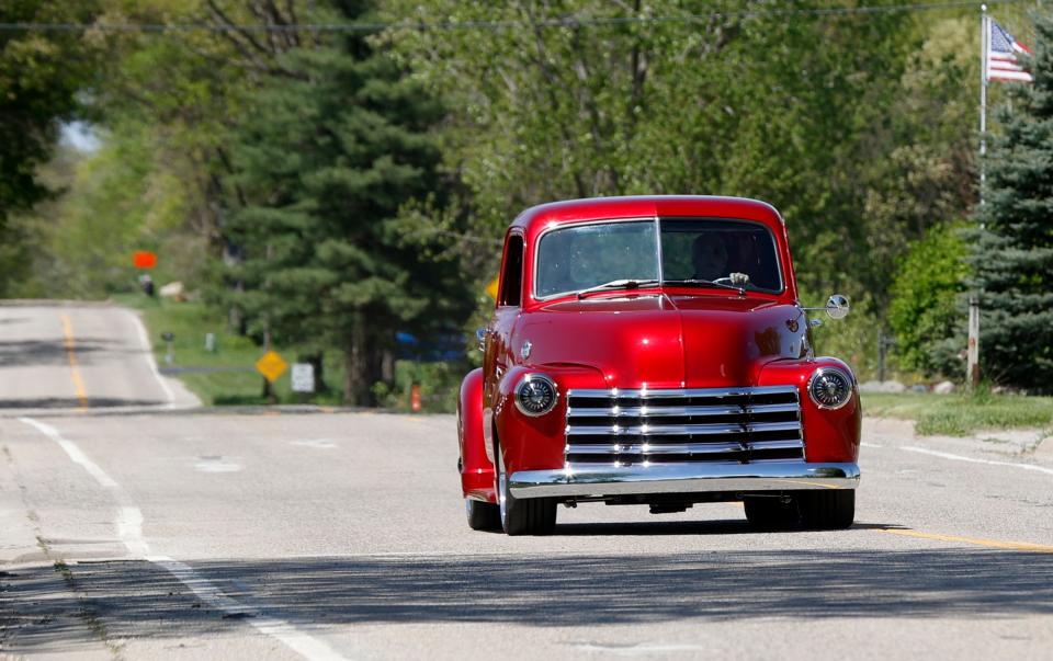 A 1948 Chevy 3100 pickup truck fueled by hydrogen is driven by Arrington Performance owner Mike Copeland in Brighton on Wednesday, May 8, 2024.