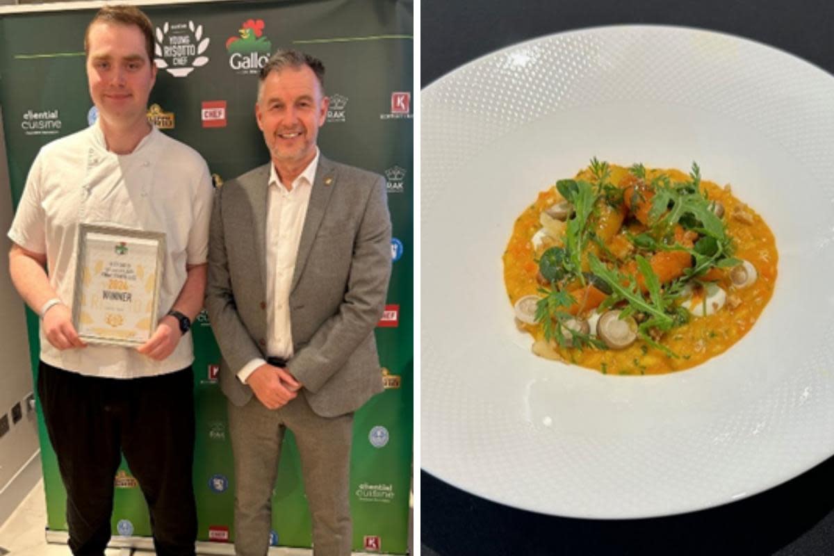 (Left) winner Nathan Cooper and Jason Morrison, MD Riso Gallo UK ;(right) Nathan Cooper’s ‘Waste Knot’ Carrot Risotto <i>(Image: Riso Gallo UK)</i>