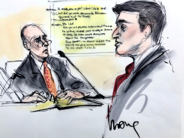 Courtroom sketch shows diver Rick Stanton during the trial in a defamation case filed by British cave diver Vernon Unsworth, who is suing Tesla chief executive Elon Musk for calling him a "pedo guy" in one of a series of tweets, in Los Angeles