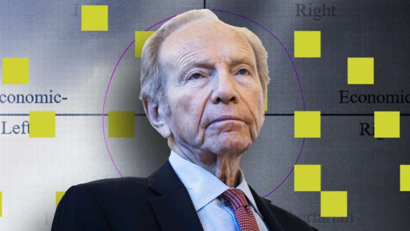 Former Connecticut Joe Lieberman, chair of No Labels against a political spectrum background with yellow boxes