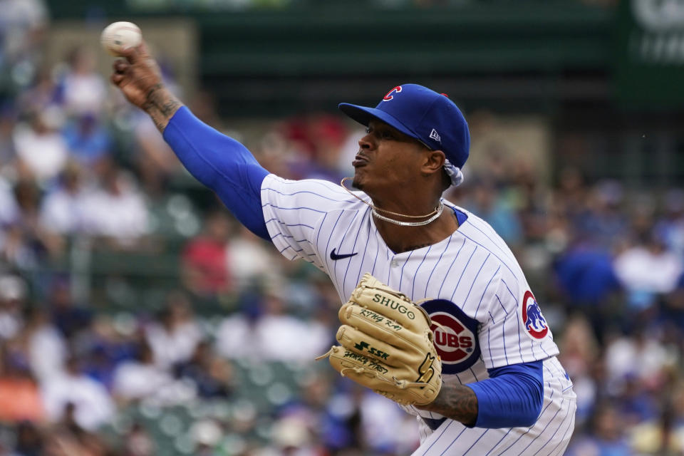 Chicago Cubs starting pitcher Marcus Stroman throws against the New York Mets during the second inning of the first game of a baseball doubleheader in Chicago, Saturday, July 16, 2022. (AP Photo/Nam Y. Huh)