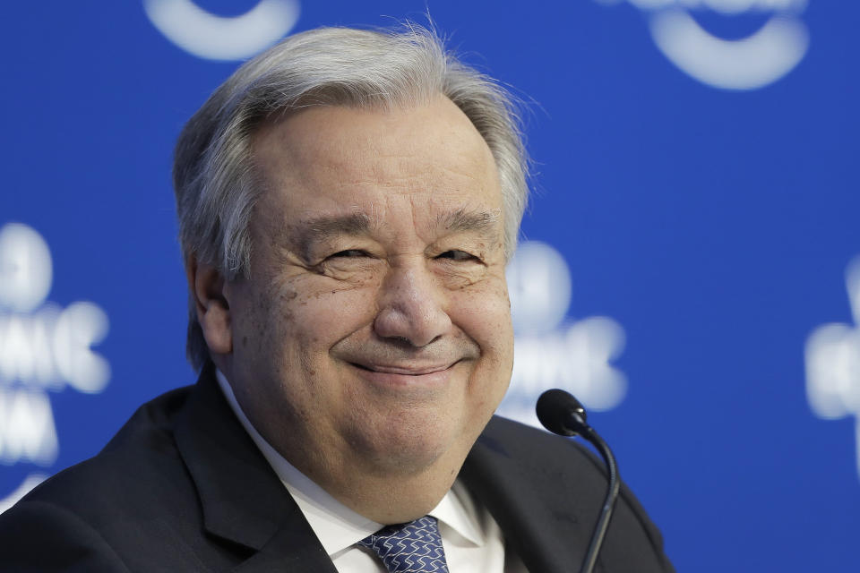 In this Jan. 24, 2019 file photo, Antonio Guterres, Secretary-General of United Nations, addresses the annual meeting of the World Economic Forum in Davos, Switzerland. U.N. Secretary-General Antonio Guterres has been chosen as the winner of the German Charlemagne Prize for contributions to European unity. (AP Photo/Markus Schreiber, file)