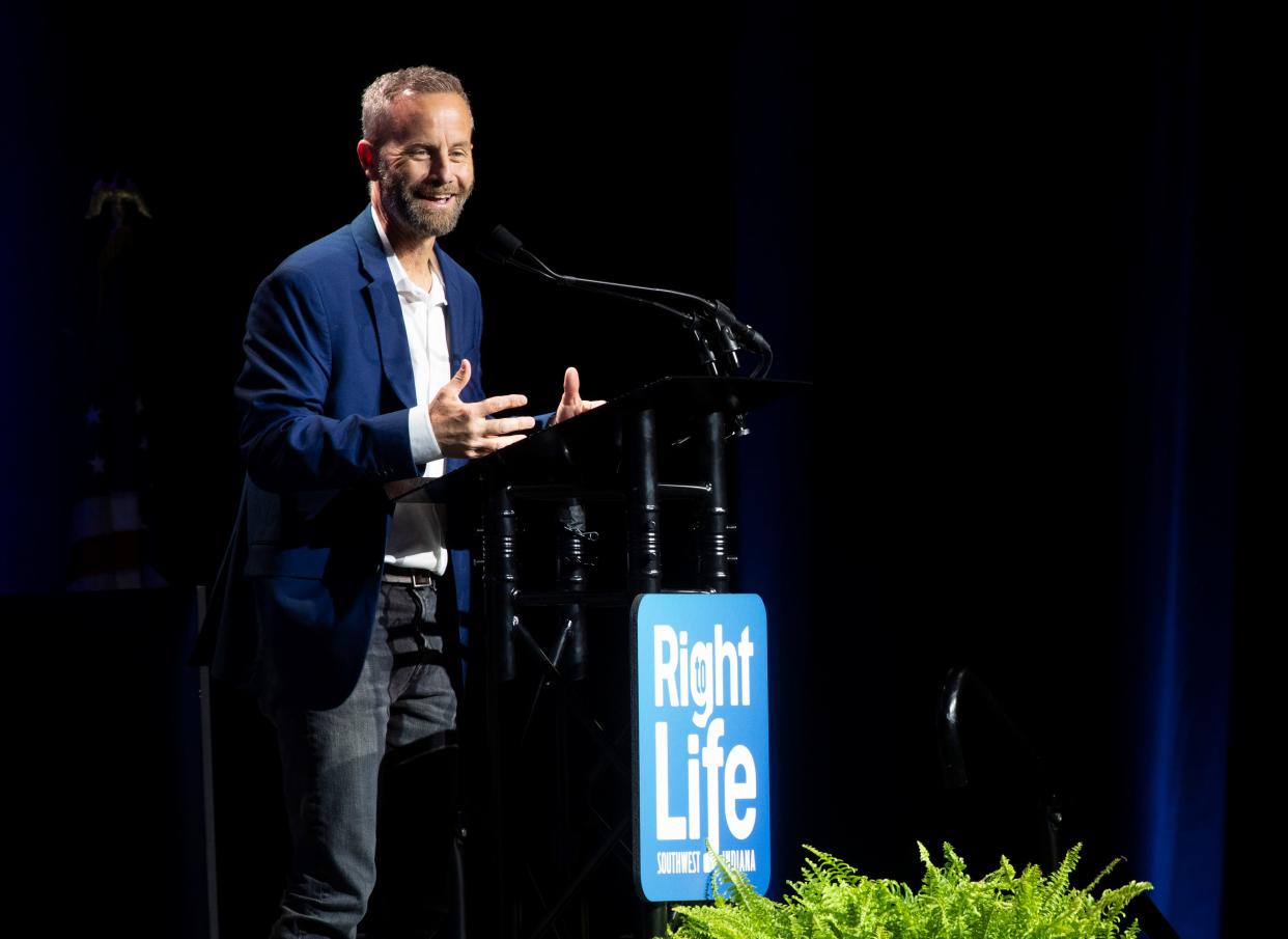 Kirk Cameron speaks at the Right to Life of Southwest Indiana's annual banquet in Evansville, Ind., Thursday, Aug. 10, 2023.