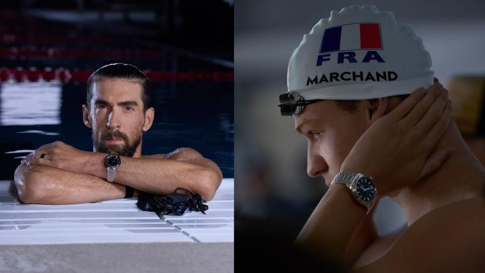 OMEGA邀請獲得23面奧運金牌的傳奇泳將美國「飛魚」Michael Phelps（圖左）、以及新生代游泳好手Léon Marchand（圖右）兩位品牌大使，為Aqua Terra黑面新款拍攝形象照，象徵世代交替的傳承意味十分濃厚。